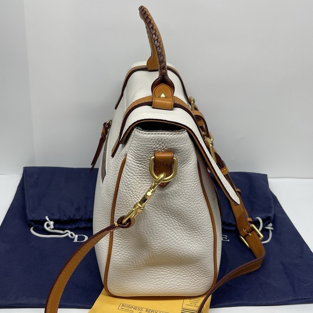 Dooney & Bourke Flap Tab Satchel Pebbled Leather Crossbody Off White & Natural - Picture 3 of 16